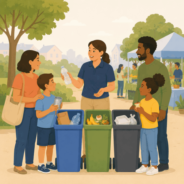 Waste educator teaching families how to sort household materials into recycling, compost, and garbage bins.