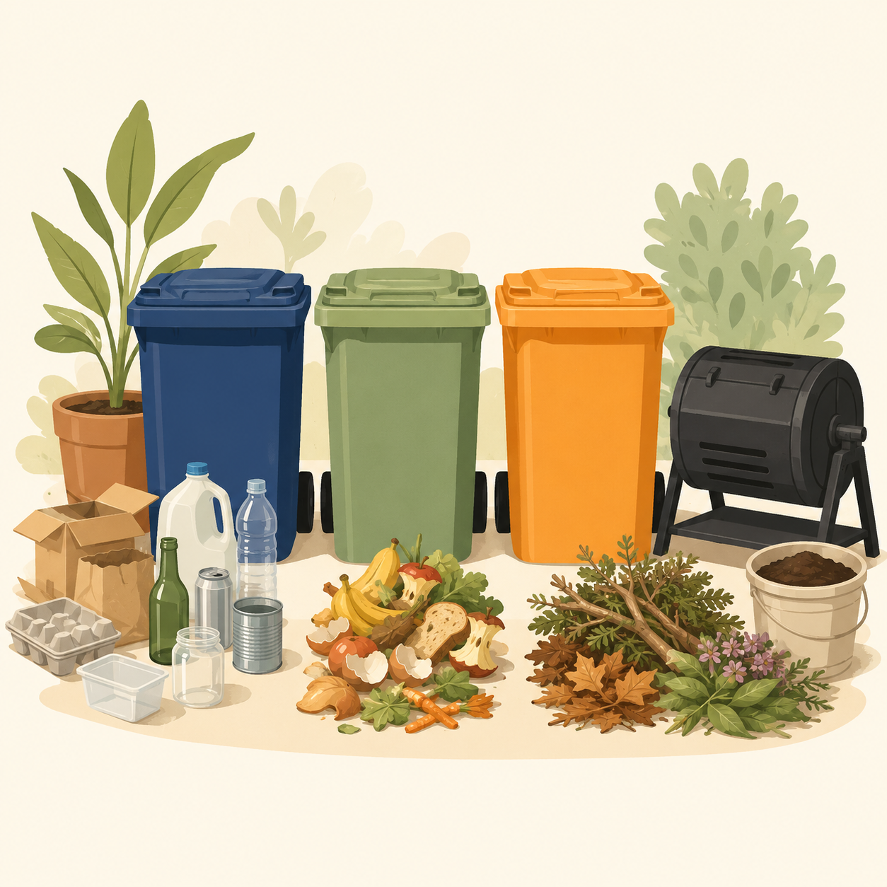 Household packaging, food scraps, reusable containers, and yard waste arranged beside collection bins and composting equipment.