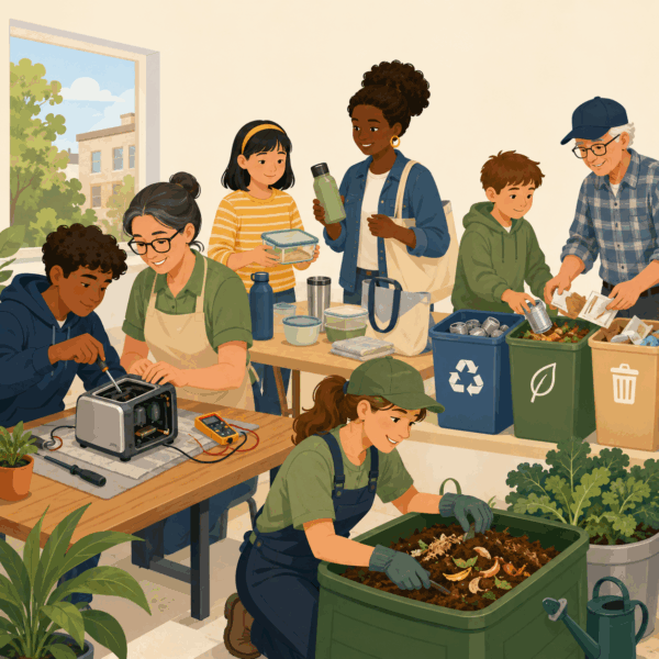 Community workshop featuring appliance repair, reusable containers, material sorting, and composting activities.