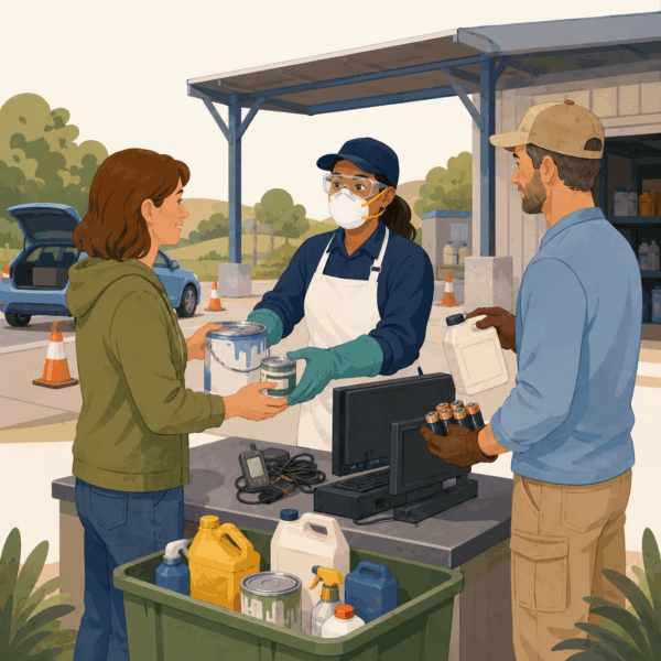 Trained worker accepting paint, batteries, electronics, and sealed chemicals at a hazardous-waste collection event.