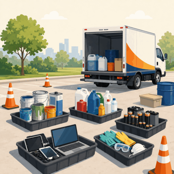 Organized hazardous-waste collection area with containment trays, protective equipment, electronics, batteries, and sealed containers.