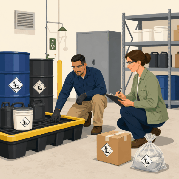 Environmental specialist and business employee inspecting the safe storage of commercial hazardous waste.