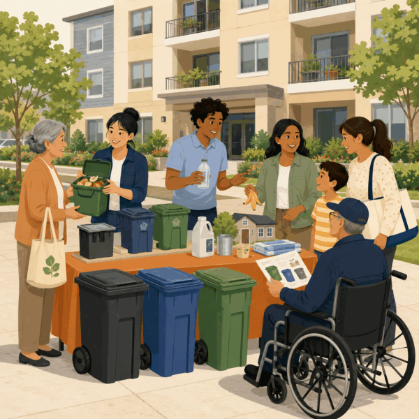 Utility staff and trusted community leaders providing waste-service information to neighborhood families.