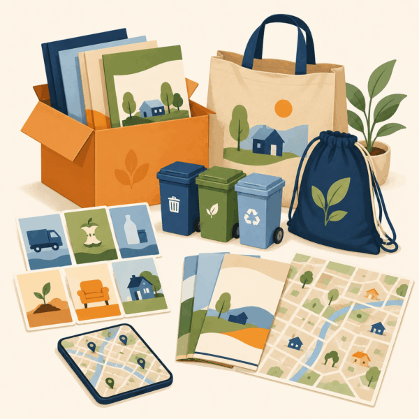 Community outreach kit with pictorial cards, informational materials, a phone, reusable bags, waste carts, and a neighborhood map.