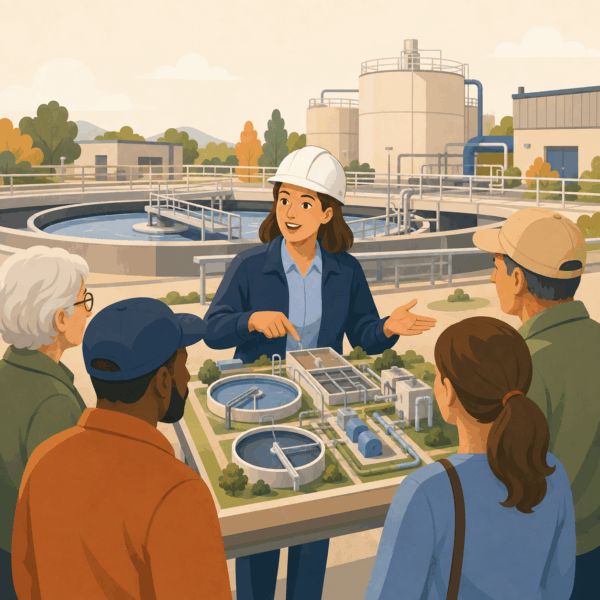 Wastewater engineer explaining a treatment-plant expansion to residents using a physical project model.