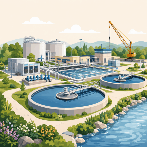 Upgraded wastewater treatment facility with clarifiers, aeration tanks, new pipes, construction equipment, and clean receiving water..