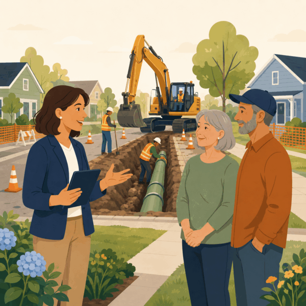 Agency representative discussing sewer-pipeline construction and street restoration with nearby residents.