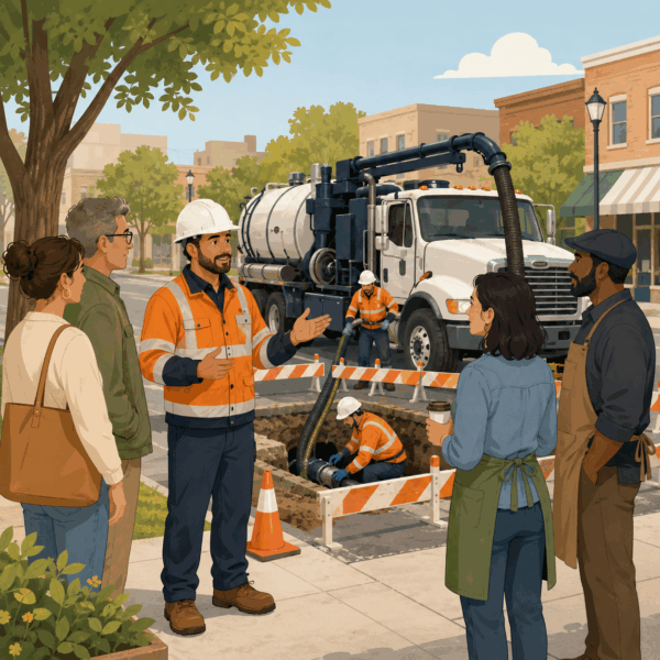 Sewer response supervisor explaining a contained emergency repair to residents and nearby business owners.