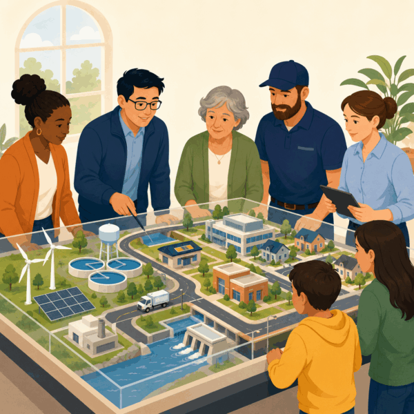 Community members reviewing a physical model of a planned public utility infrastructure project.