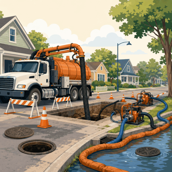 Organized sewer emergency scene with a vacuum truck, bypass pumps, safety barriers, hoses, and containment equipment.