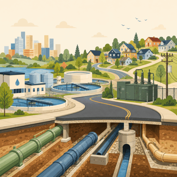 Public utility construction project showing new pipes, equipment, and neighborhood improvements.
