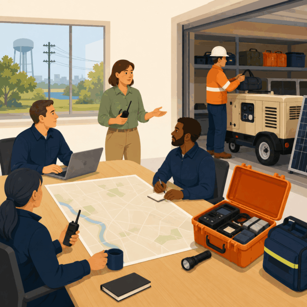 Public utility staff preparing emergency communication procedures before a service disruption