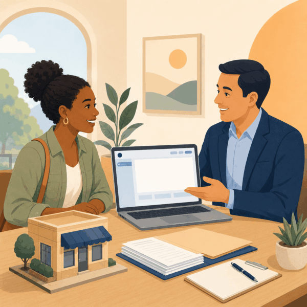 Revenue agency representative helping a new small-business owner access an online tax filing portal..