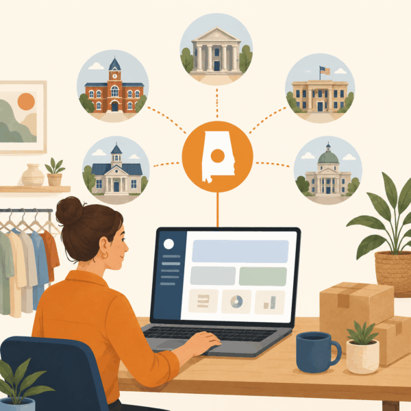 Alabama small-business owner using a centralized online tax portal connecting multiple state and local taxing jurisdictions.