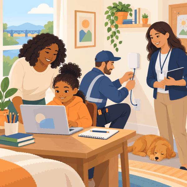 Utility technician and community liaison help a family connect a student’s home learning space to municipal broadband.