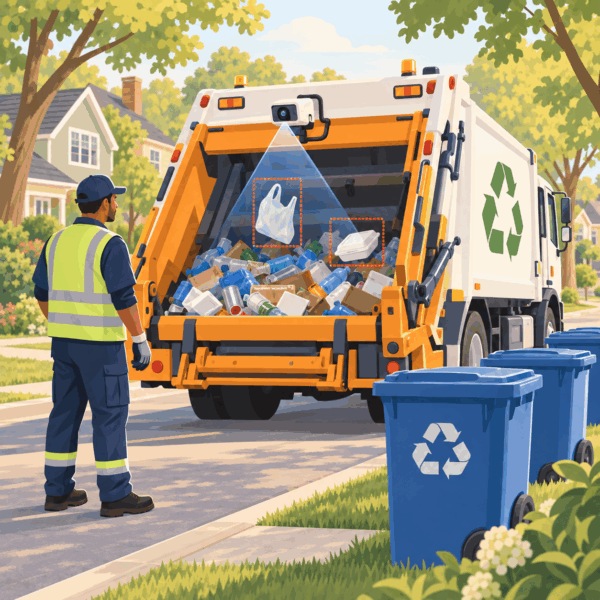 AI-assisted recycling truck identifies plastic bags and foam contamination during residential collection i.