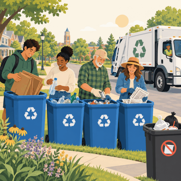 Students and longtime residents correctly sort household materials for curbside recycling while keeping contaminants separate.