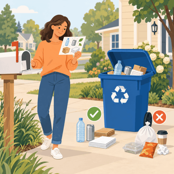 Resident uses personalized household guidance to separate recyclable materials from items that do not belong in the recycling cart.