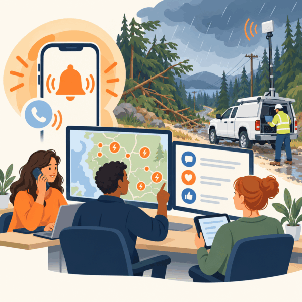 Utility communications staff coordinate outage maps, customer alerts, public updates, and connected field crews during a severe storm.