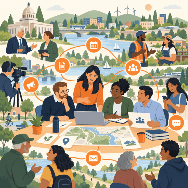 Diverse residents participate in an accessible community planning event using a regional map, tactile display, paper materials, and mobile devices.