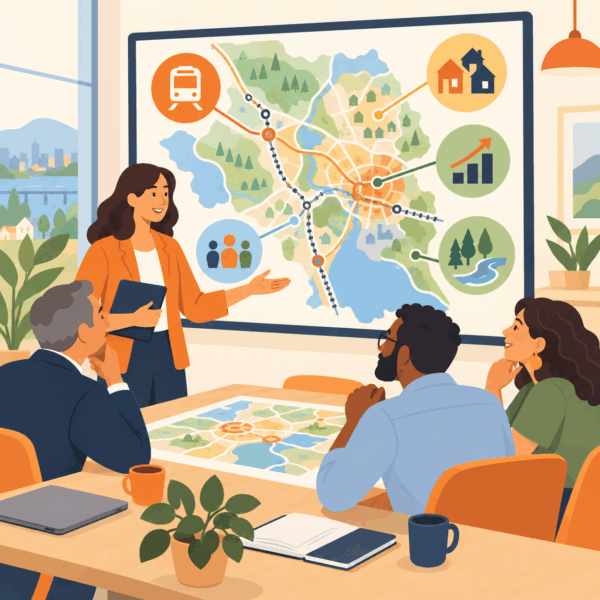A regional analyst explains transportation, housing, environmental, economic, and demographic patterns through an icon-based regional map.
