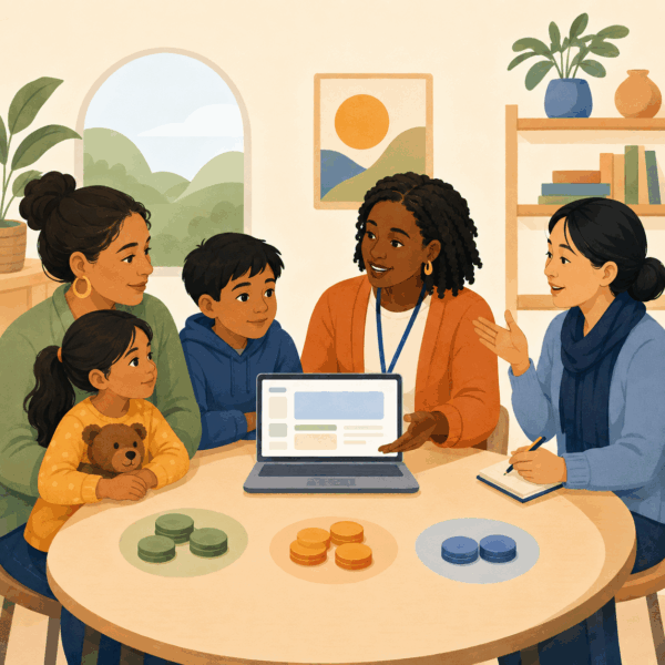 Community tax assistance volunteers helping a multilingual family understand advance child tax credit payments.