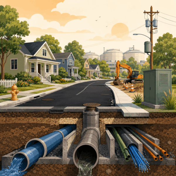 Neighborhood cutaway showing water, sewer, electrical, and broadband infrastructure supporting long-term service reliability.