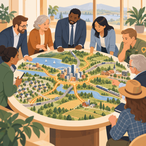 Local officials and regional planners gather around a model connecting urban, suburban, small-town, and rural communities.