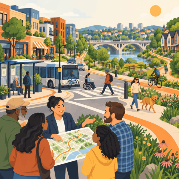 Residents and a planner discuss regional improvements in a neighborhood with transit, safe crossings, housing, businesses, a bridge, and a greenway.