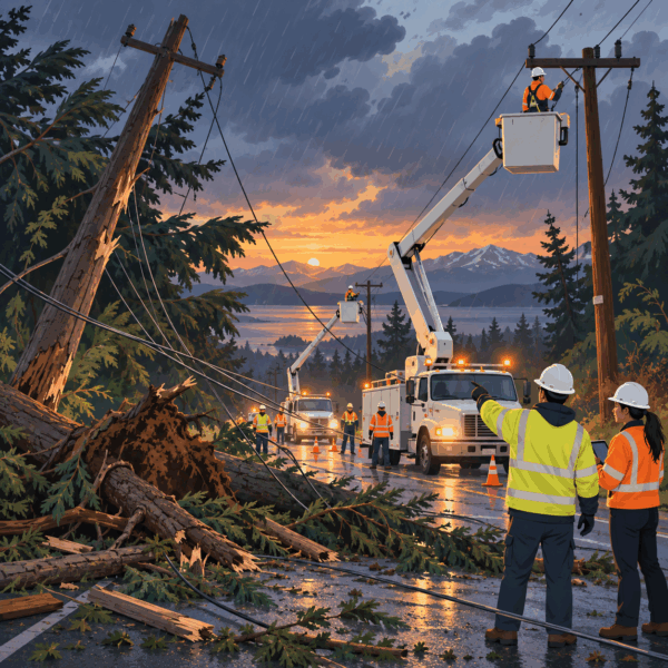 Utility crews and mutual-aid teams restore damaged power lines after a destructive Pacific Northwest windstorm.