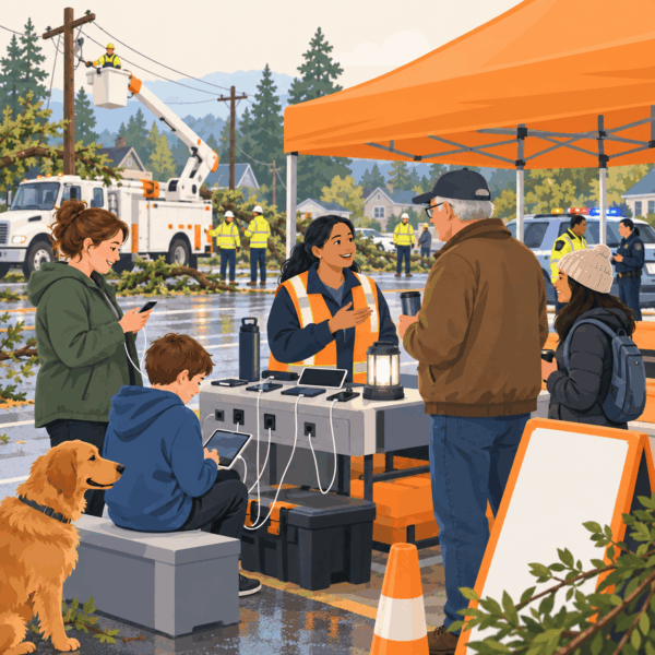 Utility staff provide device charging and restoration information to residents while crews repair storm-damaged electrical infrastructure.