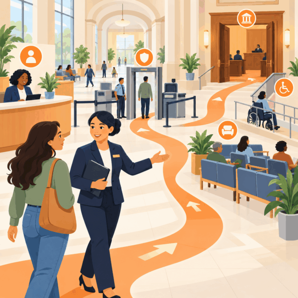 Court navigator guides a first-time visitor through security, waiting areas, accessibility services, and the courtroom entrance.