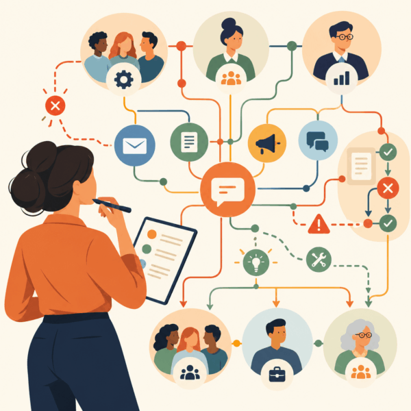 Consultant auditing an organizational communication network across teams, messages, approvals, and audience feedback