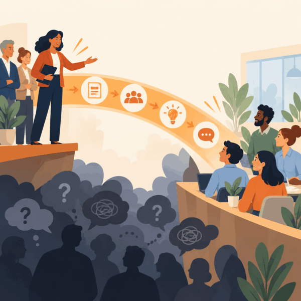 Leadership-to-employee change communication bridge carrying decisions, context, and feedback across an organization