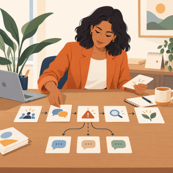 Consultant organizing a flexible stakeholder interview guide with follow-up questions