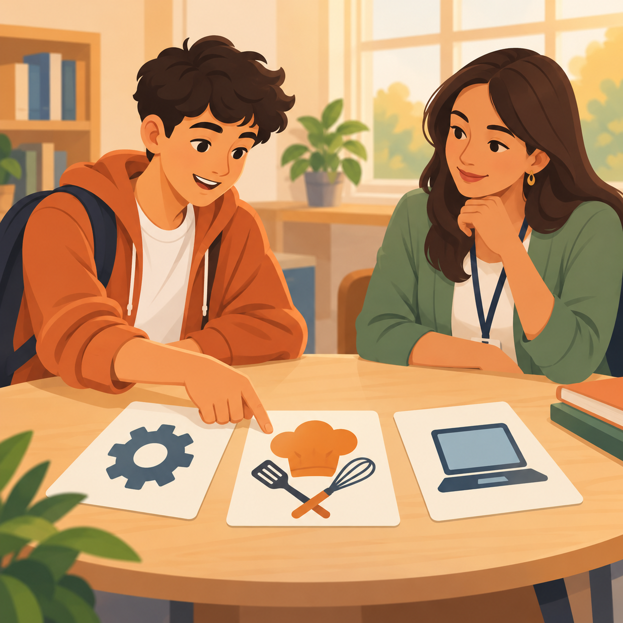 Student transitioning to a new classroom with guidance from a school staff member
