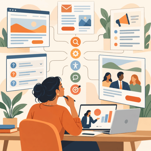 Communication content audit comparing webpages, emails, FAQs, presentations, and notices for clarity and consistency