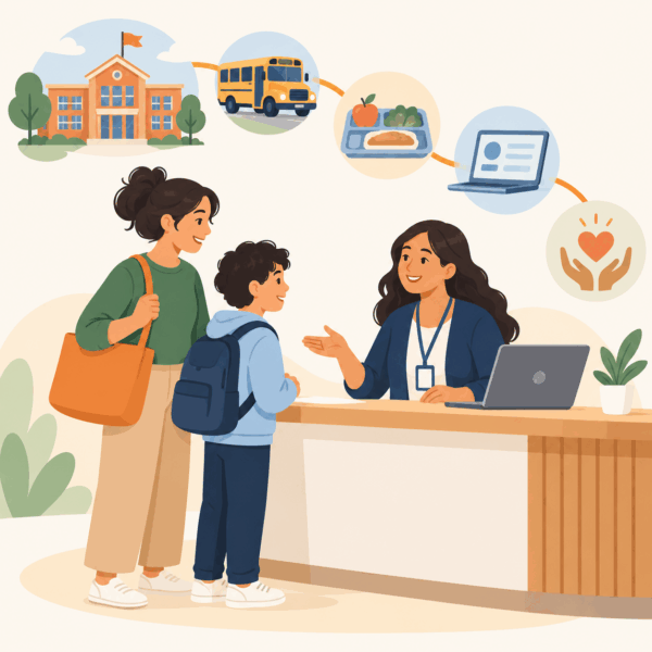 Parent and student receive guidance from a school staff member about transportation, meals, technology, and student support..
