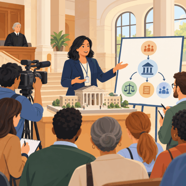 Court public information officer explains judicial roles and procedures to journalists and community members while preserving judicial impartiality.