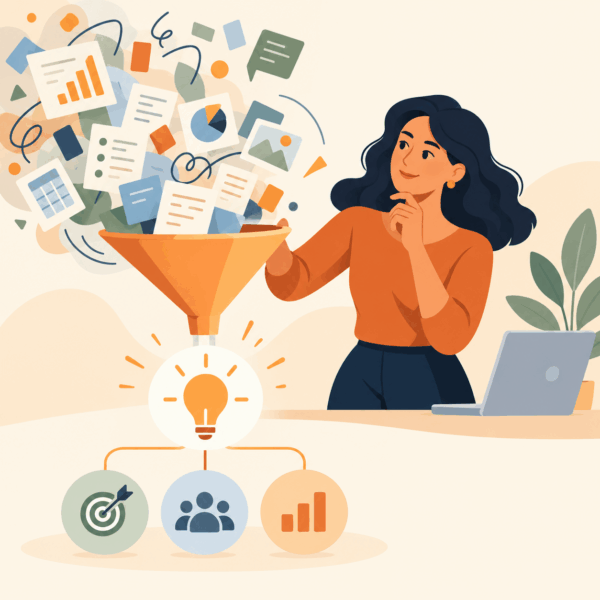 Communications content consultant distilling complex documents and data into clear key messages for audience understanding