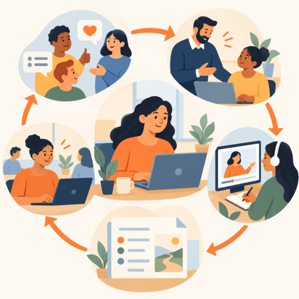 Ongoing employee change support loop connecting manager check-ins, training, guidance, and feedback
