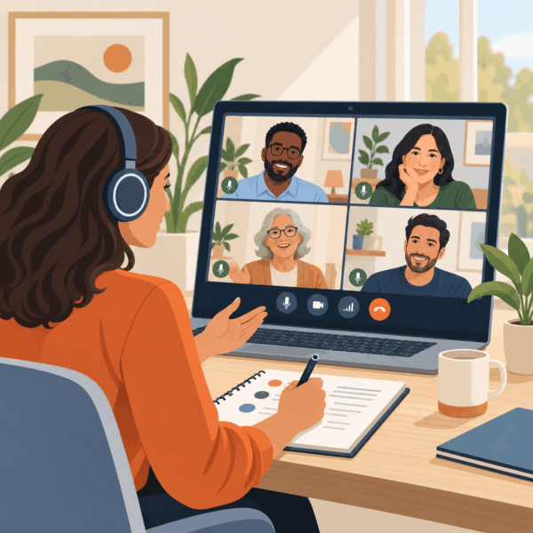 Virtual focus group moderator facilitating a video discussion with remote participants