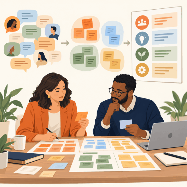 Consultants organizing focus group notes into themes and research recommendations