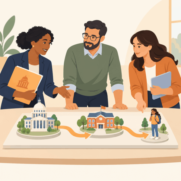 State, district, and school representatives coordinate communication that connects education policy with students.