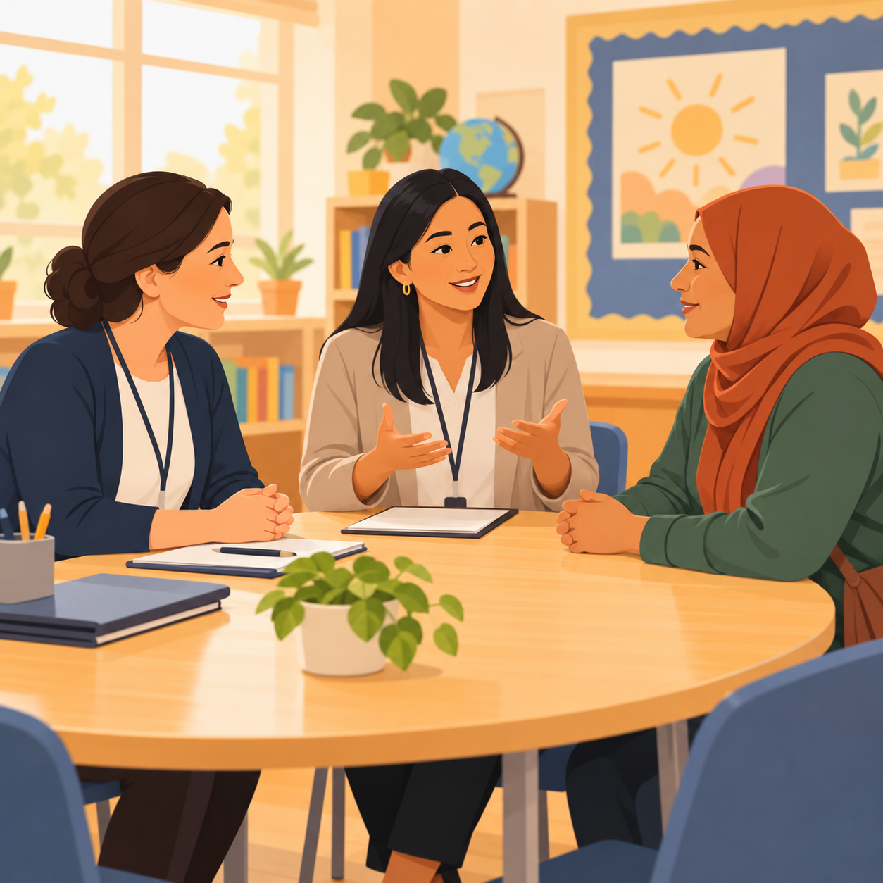 School staff helping parents access language support and understand important school documents