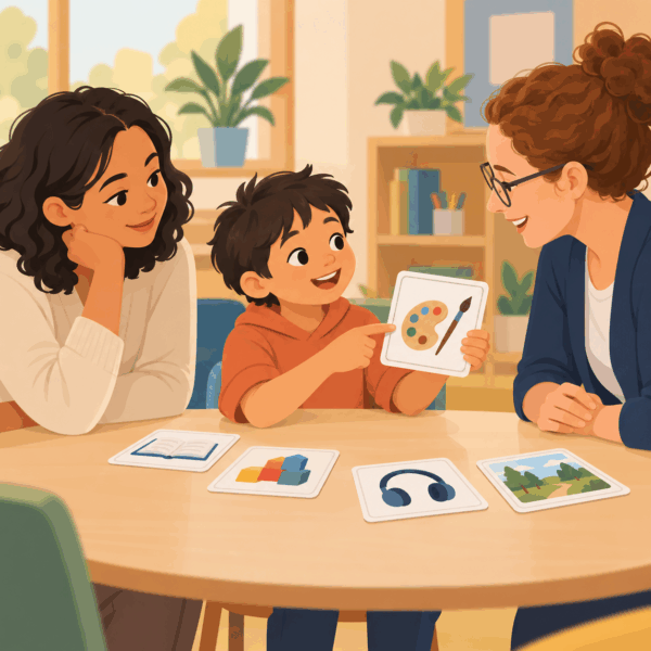 Parents speaking with an educator through a qualified interpreter at a school meeting
