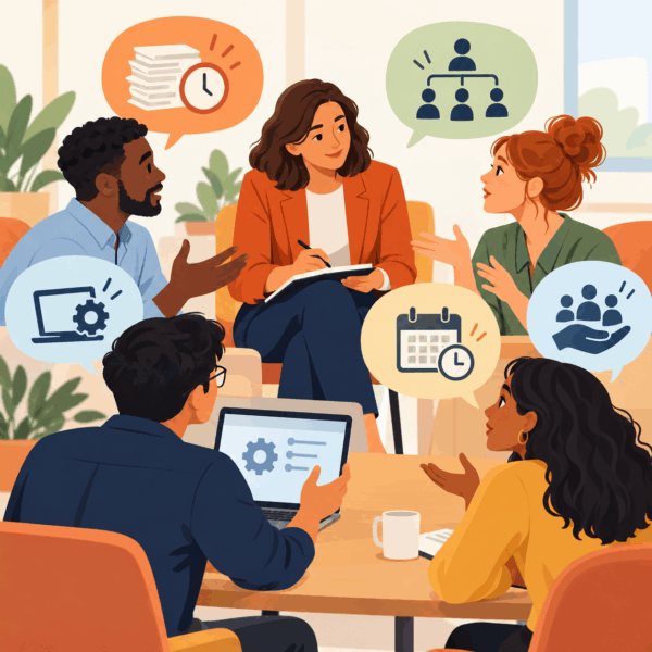 Employee listening session across roles identifying workload, technology, and timing concerns during organizational change
