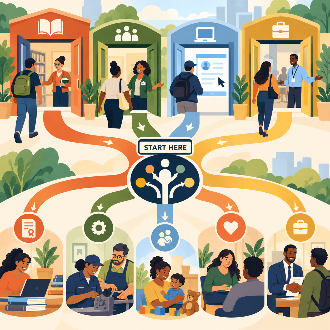 Career center staff meeting with community members to explain local employment and career support services