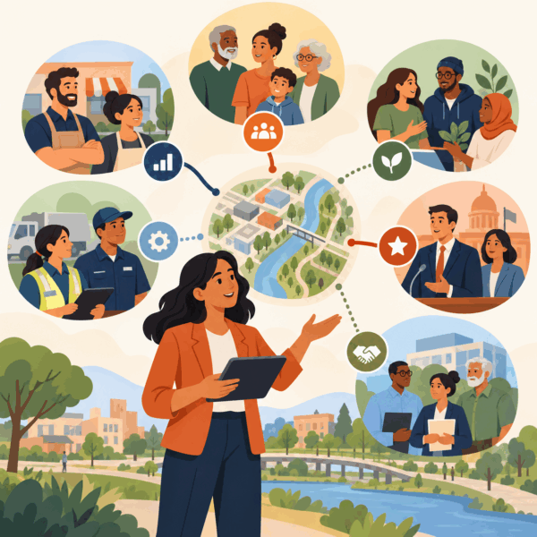 Stakeholder mapping for a local public initiative showing residents, businesses, agency staff, officials, and community groups