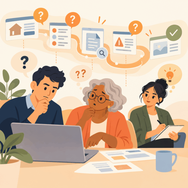 Audience communication journey map showing residents navigating webpages, forms, alerts, and agency information